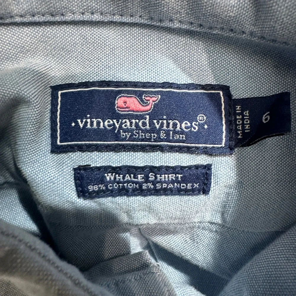 Vineyard Vines Boys Whale Shirt Blue Cotton Blend Button Down Size 6